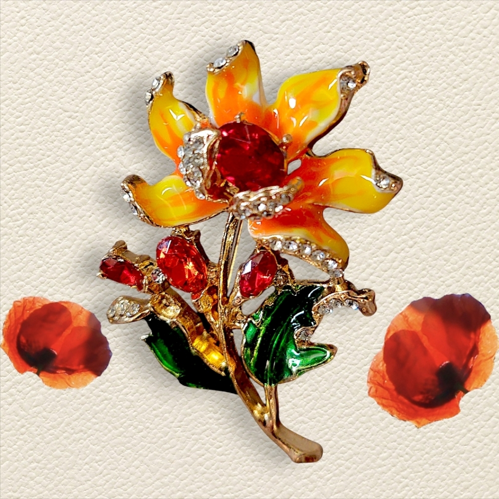Elegant Floral Brooch with Red and Yellow Accents